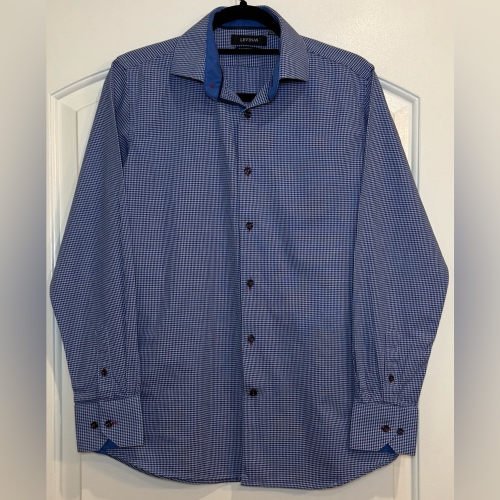 Levinas Men's Navy Checkered Contemporary Fit  Dress Shirt